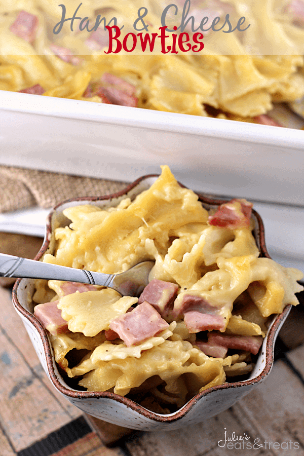 Ham and cheese bowtie pasta in a small dish.