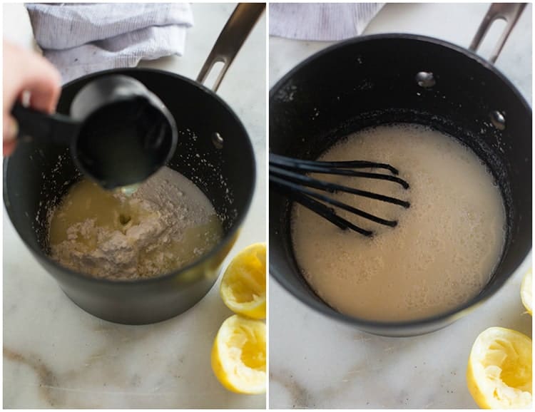 A saucepan with flour, sugar and cornstarch and lemon juice being added to it, then mixed together, to make lemon sour cream pie.
