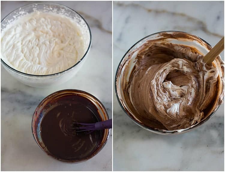Side by side photos of the process for making chocolate mousse with the first photo of a bowl of whipped cream and another bowl of melted chocolate and the second photo of the melted chocolate and whipped cream folded together to make chocolate mousse.