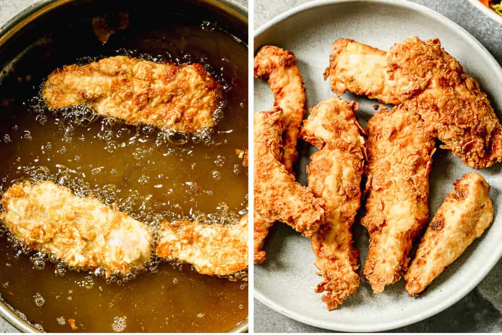 Two process photos for frying chicken tenders coated in cornflakes.