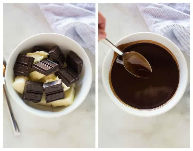 Side by side photos of a white bowl with baker chocolate and butter in the first, and then melted, with a spoon stirring the mixture, in the second.