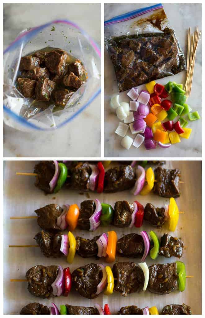 Three process photos for steak kebabs including the steak marinating in a bag, the bag, chopped veggies and wood skewers on a board, and the ingredients threaded onto the skewers.