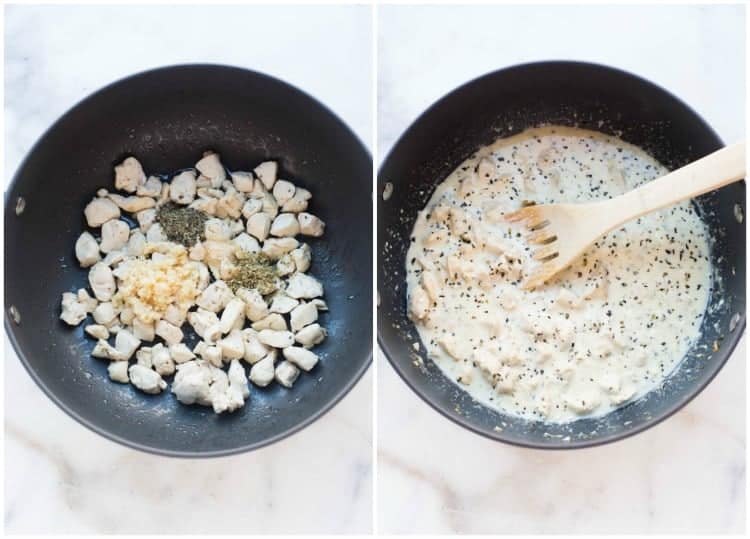 Process photos for sautéing chicken with spices and garlic, and then adding cream and chicken broth to the pan. 