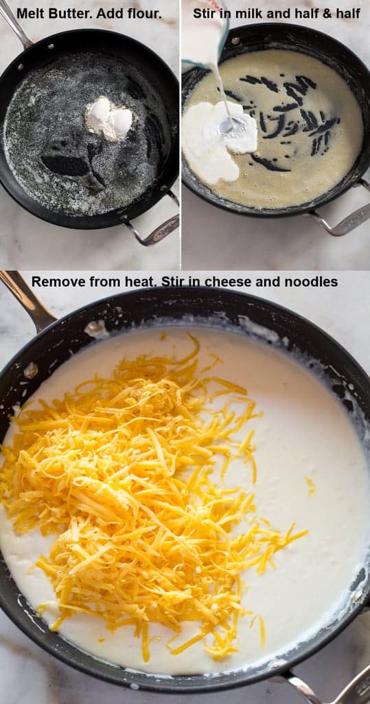 Three process photos for making mac and cheese in a skillet including melting butter, adding flour, cream and milk to make a roux, and then adding shredded cheddar cheese.