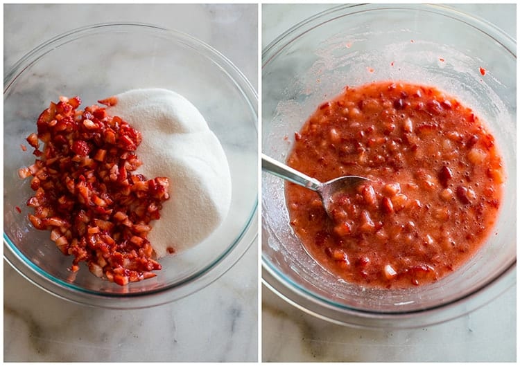 Side by side photos of a clear glass bowl with diced strawberries and sugar, and then the mixture stirred together with a spoon in it.