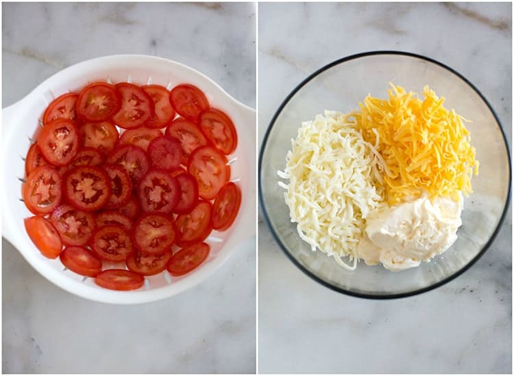 Sliced tomatoes in a white colander, next to another photo of a glass bowl with the topping ingredients for tomato pie, including mayonnaise, cheddar cheese and mozzarella.