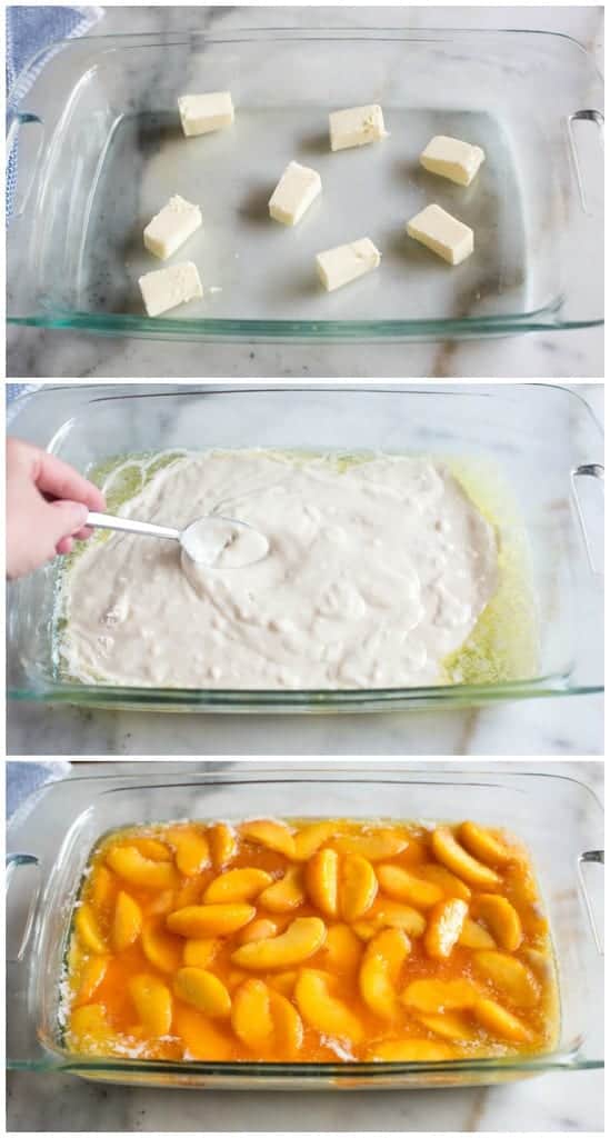 Process photos for making peach cobbler, including melting butter in a 9x13 inch pan, pouring batter on top, and then sliced peaches and juice on top of the batter.