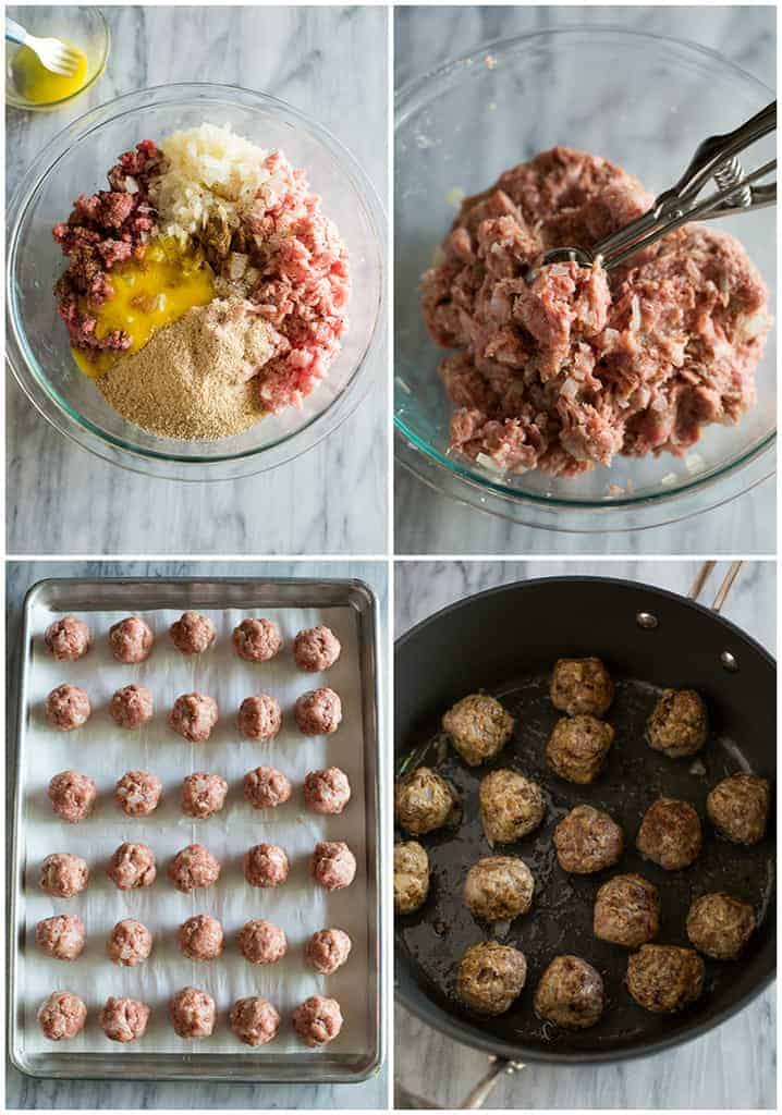 Process photos for making Swedish meatballs including mixing the meatball ingredients together, the meatballs lined up on a baking sheet and meatballs browning in a skillet.