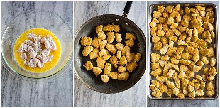 Three process photos including chicken pieces coated in cornstarch in a glass bowl of beaten eggs, the chicken pieces cooking in a skillet, and an overhead photo of the browned chicken pieces in on a baking dish.