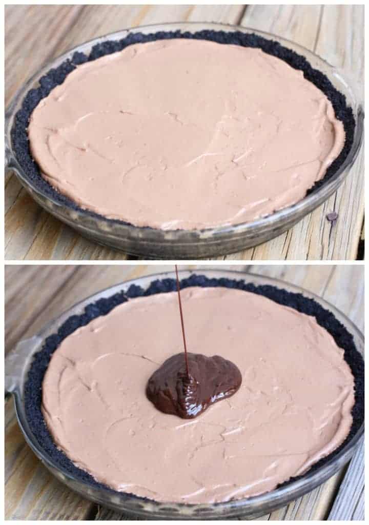 Chocolate mousse cheesecake with ganache being poured on top.