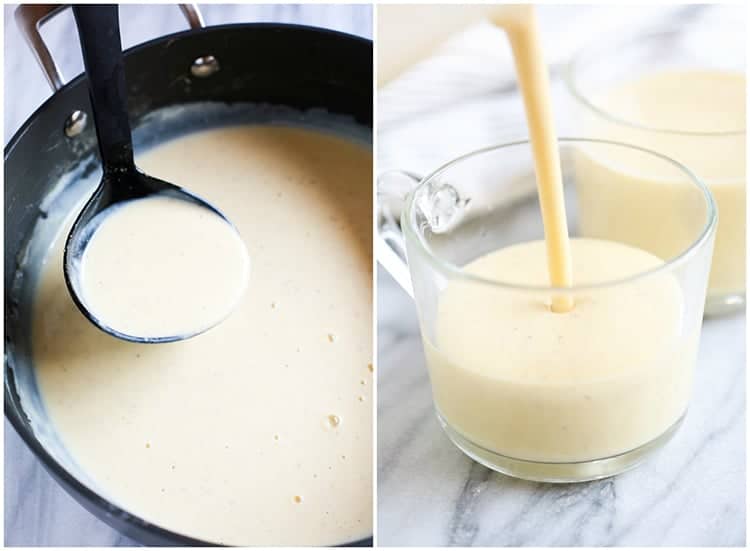 Side by side photos of a saucepan with egg nog and then the eggnog being poured into a cup.