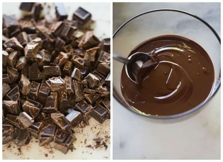 Side by side photos with the first of chopped chocolate and the other of a glass bowl with melted chocolate and a spoon.