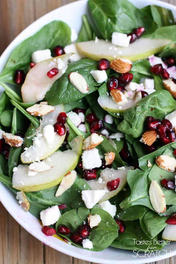 Pear and Pomegranate Salad with Feta Cheese, Nuts, and a Champagne Vinaigrette