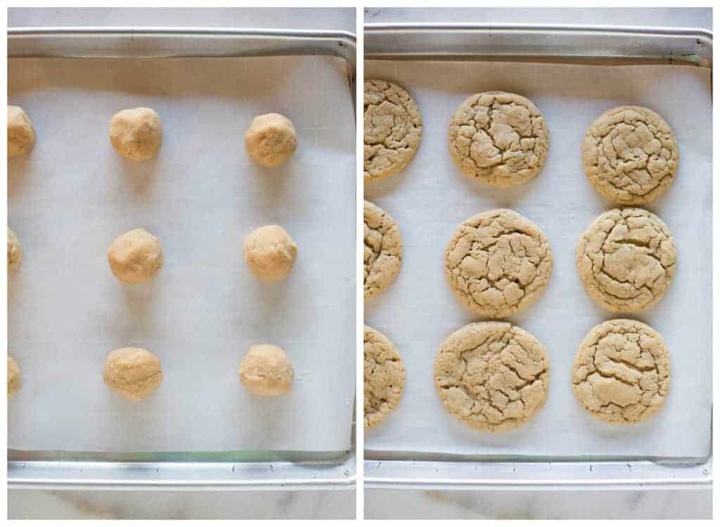 One cookie sheet with peanut butter cookie dough rolled into balls, and another cookie sheet with the baked cookies.