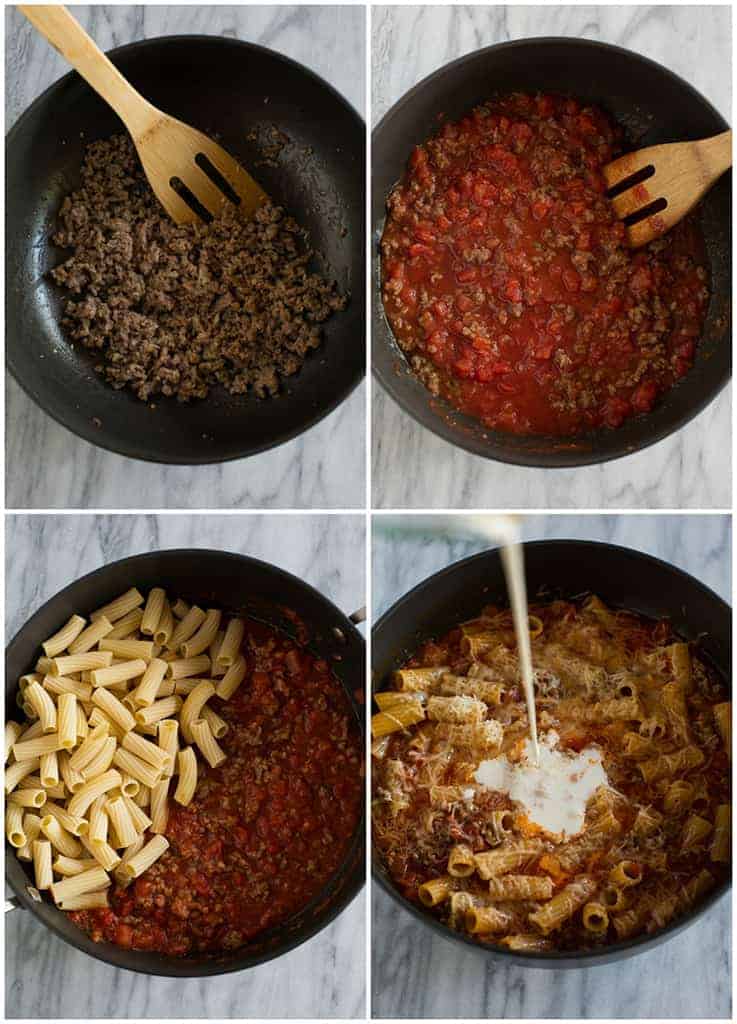 Process photos for making baked ziti including browning meat in a skillet, adding diced tomatoes and seasoning, ziti pasta, and cream.
