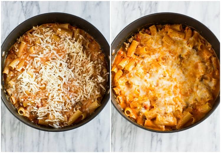 Side by side photos of a pan full of a baked ziti dish before and after it is baked.