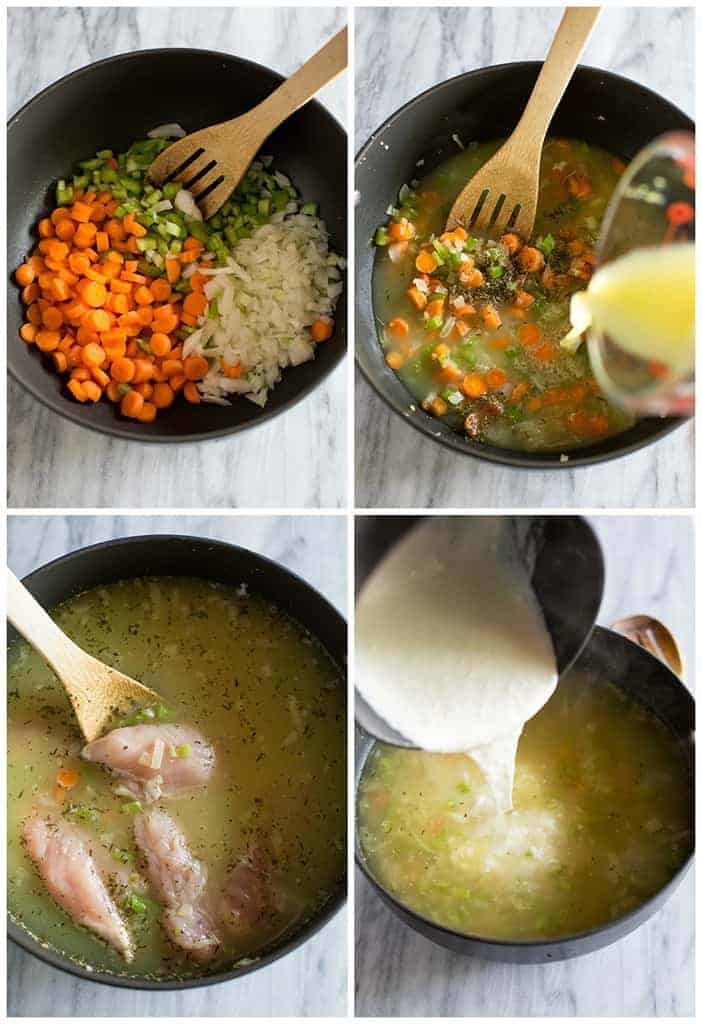 Four process photos for making chicken and wild rice soup in a skillet, pouring the ingredients in.