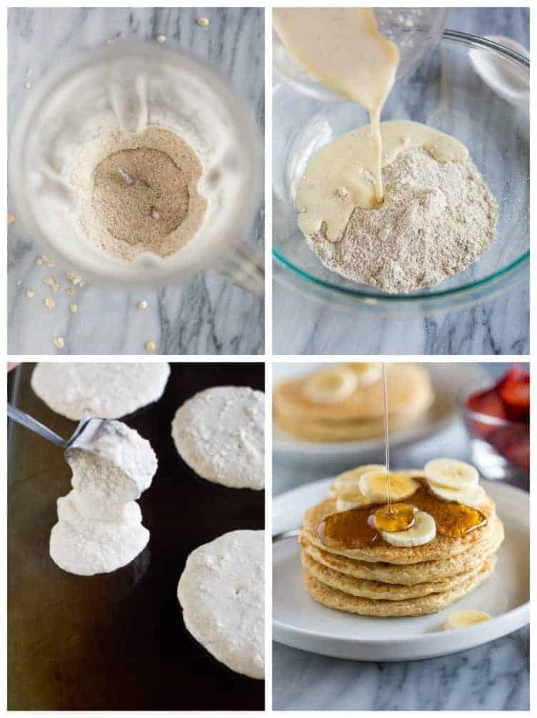 A collage of four images showing the process for making protein pancakes, including blending oats in a blender, pouring wet ingredients over the oat flour, spooning the batter onto a griddle, and a cooked stack of pancakes with syrup poured on top.