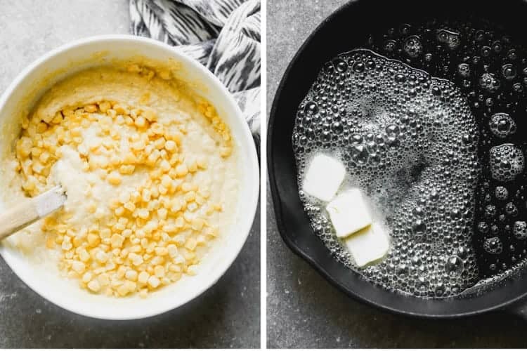 Cornbread batter with corn kernels next to a cast iron skillet with butter melting in it.