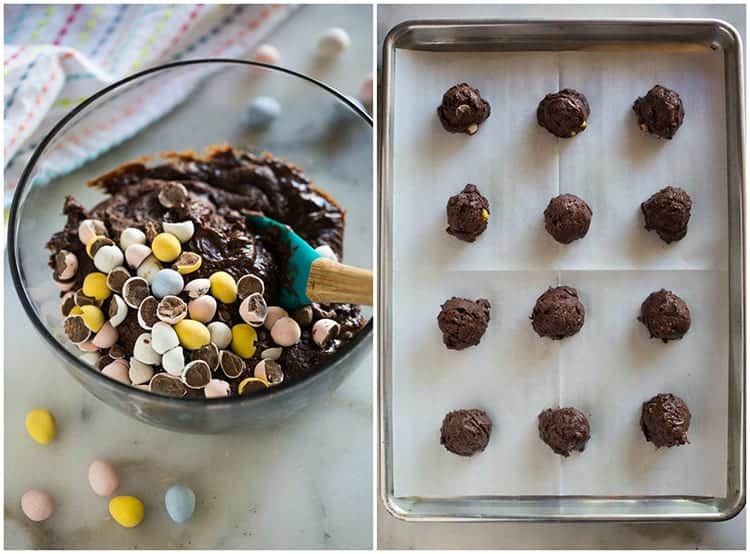 Chocolate cookie dough with chopped mini cadbury egg pieces in it inside a glass bowl, next to an overhead photo of a cookie sheet with the chocolate cookie dough rolled into balls and ready to bake. 
