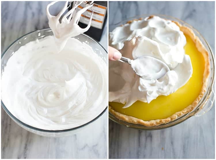 A bowl of meringue with beaters lifted out of it next to another photo of a lemon pie with the meringue being smoothed on top with a spoon.