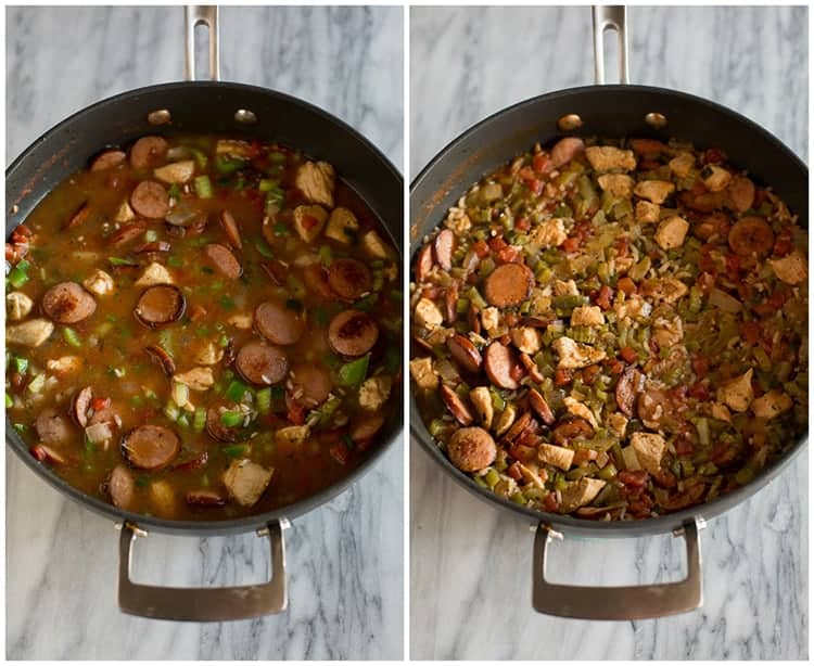 Before and after photos of jambalaya in a skillet, ready to be cooked, and the jambalaya in the skillet after it has cooked.