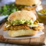 Mexican Torta sandwich with chicken , cheese, avocado and pickled jalapeno on a ciabatta roll.