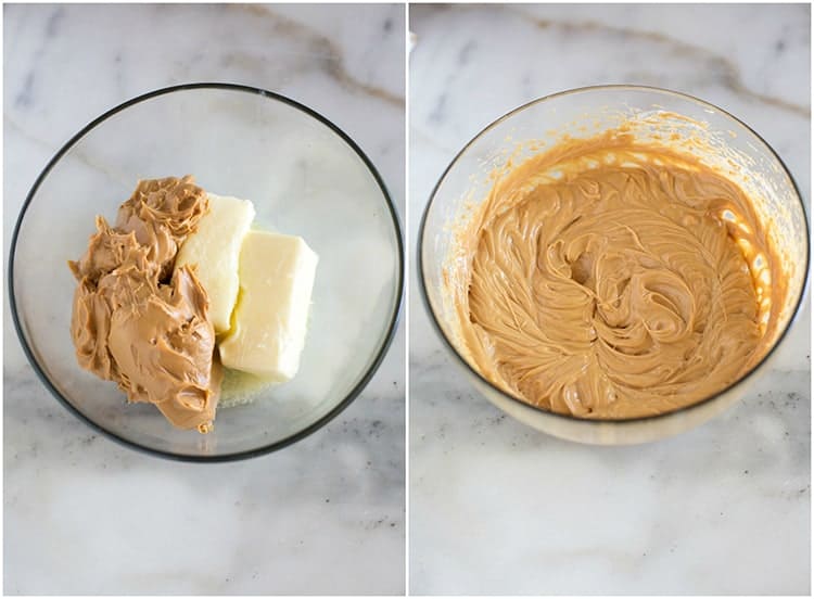 A clear mixing bowl with two sticks of butter and one and a half cups of peanut butter, next to another photo of the same mixing bowl with the butter and peanut butter mixed together until smooth.