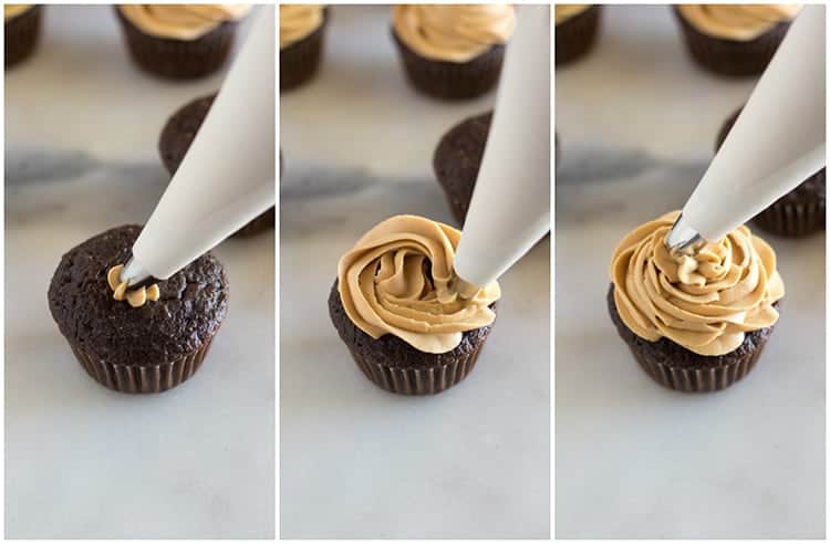 Three side-by-side process photos for adding peanut butter frosting to a chocolate cupcake.