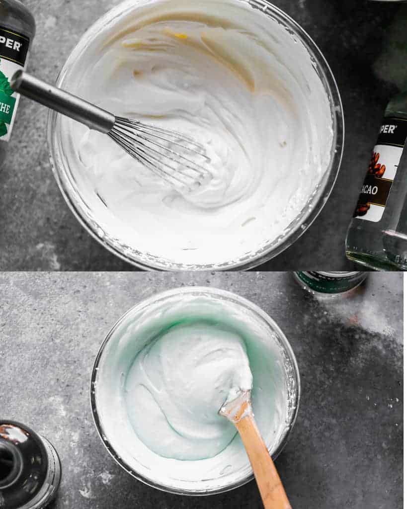 Whipped cream in a mixing bowl and then folded into the marshmallow mixture to make Grasshopper pie.