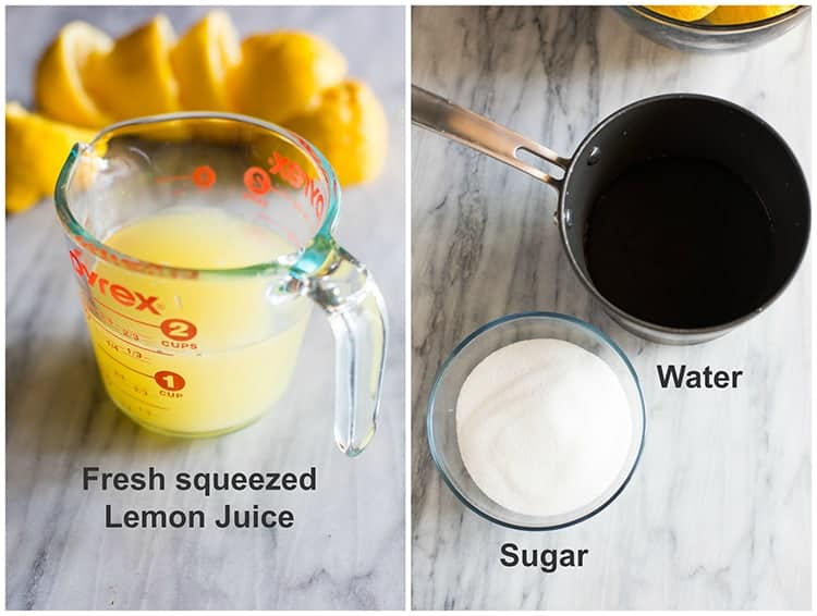 Ingredients for lemonade including a measuring cup with lemon juice, saucepan with water and bowl of sugar.