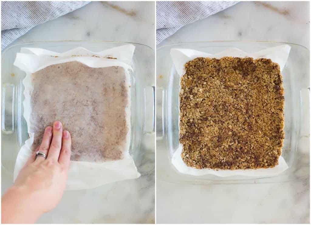 Process photos for making no bake granola bars including pressing them into a pan using a piece of parchment paper.