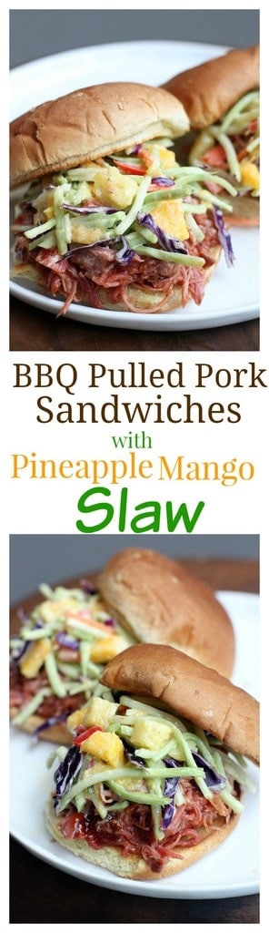 Slow Cooker BBQ Pulled Pork Sandwiches with Pineapple Mango Slaw on TastesBetterFromScratch.com