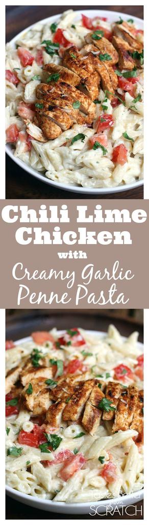 Chili Lime Chicken with Creamy Garlic Penne Pasta on TastesBetterFromScratch.com