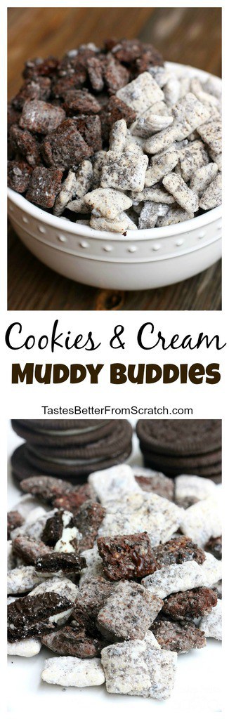 Cookies and Cream Muddy Buddies on TastesBetterFromScratch.com