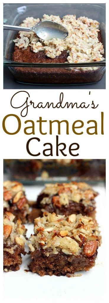 Grandma's Oatmeal Cake-- seriously one of the best cakes ever. Super moist with a delicious coconut almond topping. Recipe from TastesBetterFromScratch.com