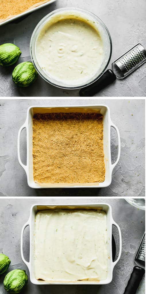 Three process photos for making key lime pie filling, a graham cracker crust, and adding it to a square baking sheet for key lime pie bars.
