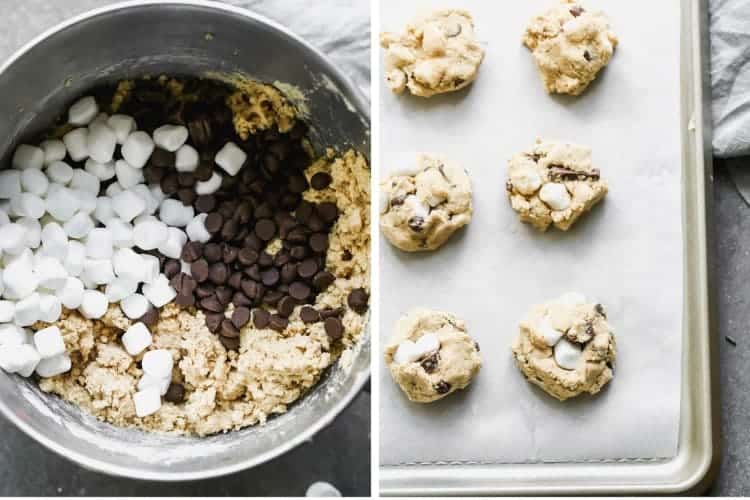 A mixing bowl filled with s'mores cookie dough next to a baking tray lined with cookie dough balls, ready to bake.