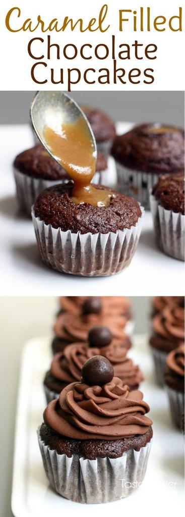 Two images; caramel being poured into the center of a cooked chocolate cupcake; cupcakes on a white tray, topped with chocolate frosting and a chocolate candy.