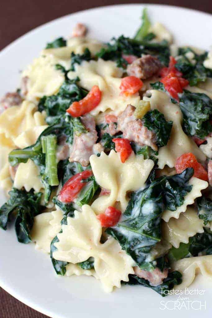 Creamy Kale, Sausage and Roasted Red Pepper Pasta from TastesBetterFromScratch.com