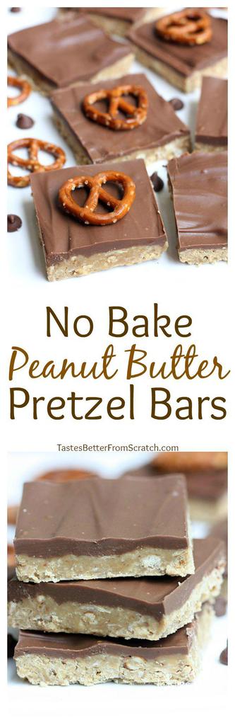 Delicious NO BAKE Peanut Butter Pretzel Bars! The perfect sweet/salty treat! Recipe on tastesbetterfromscratch.com
