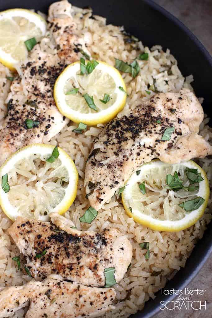 One Pan Lemon Basil Chicken and Rice from TastesBetterFromScratch.com