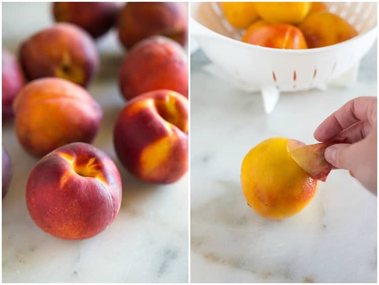 Whole peaches on a white marble board next to another photo of the skin being peeled off of a peach, with a colander filled with peeled peaches in the background