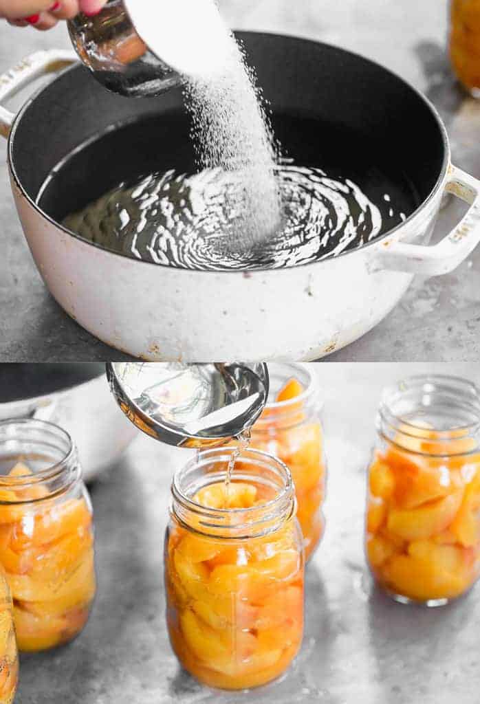 Two process photos of making a simple syrup in a pot, then pouring it into quart jars with fresh sliced peaches.