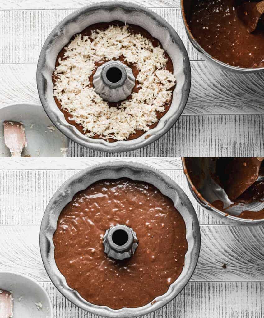 Chocolate cake batter in a bundt pan topped with coconut filling, then more chocolate bake batter, ready to bake.