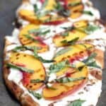 Peach, Basil, Mozzarella Flatbread with balsamic reduction. Recipe on TastesBetterFromScratch.com