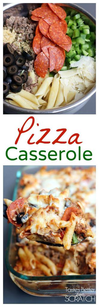 One of my husbands all time FAVORITE meals is this Pizza Casserole! Recipe from TastesBetterFromScratch.com