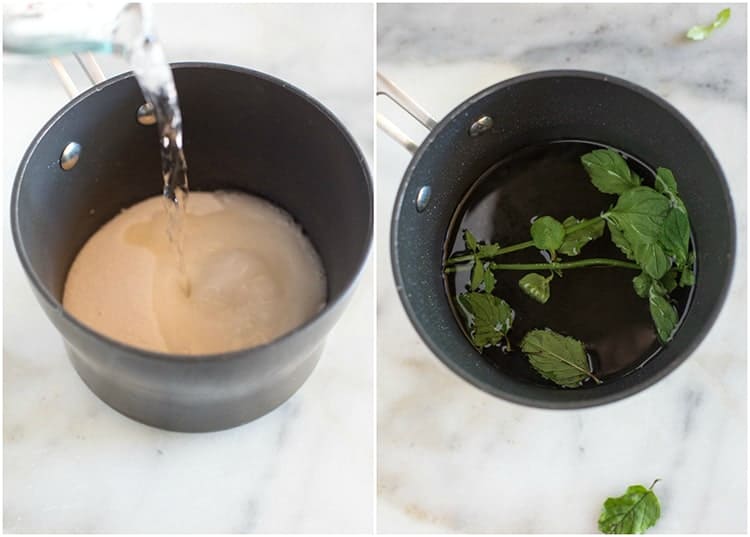 A saucepan with granulated sugar in it, and water being poured over the sugar, next to another photo of the sauce pan with the sugar and water syrup mixed together, and sprigs of fresh mint leaves.