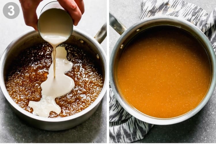 Evaporated milk poured over caramel sauce cooking in a saucepan, then stirred together.