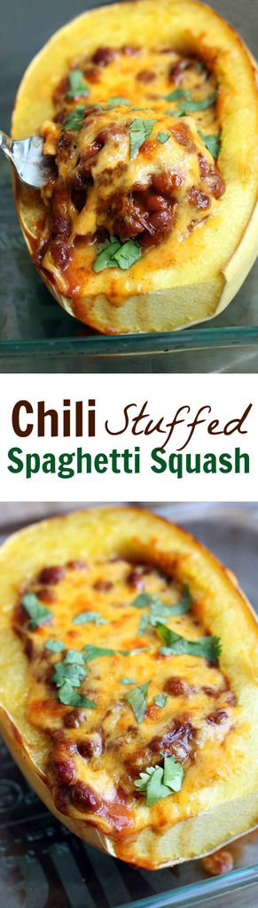 Roasted spaghetti squash stuffed with chili and cheese! Recipe from Tastes Better From Scratch